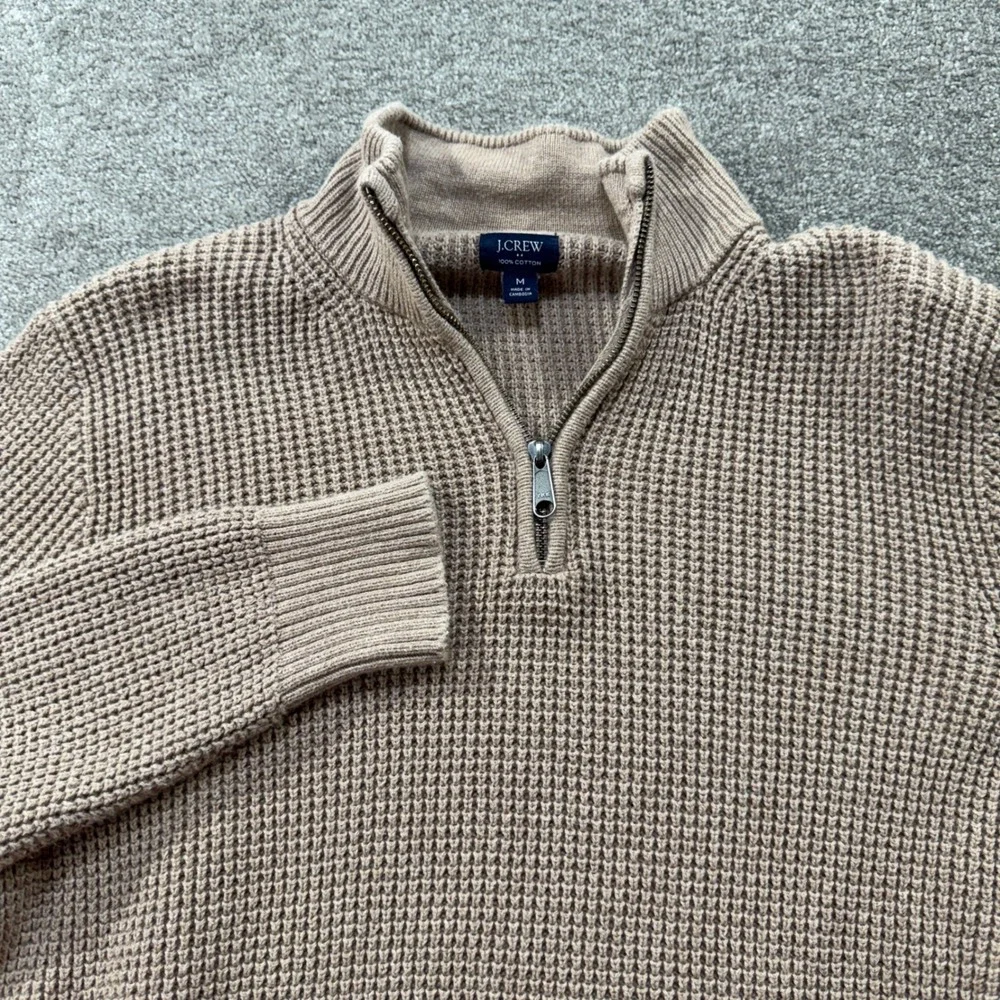 J Crew Quarter Zip Sweater Mens Medium Tan Cotton Waffle Knit‎ Pullover C52 Top